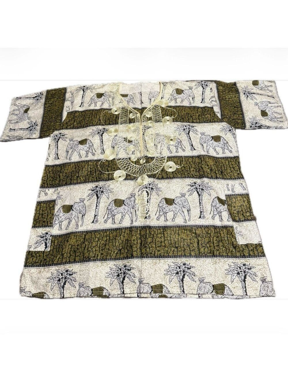 Handmade African Print Tunic with Elephant and Palm Tree Design Embroidered